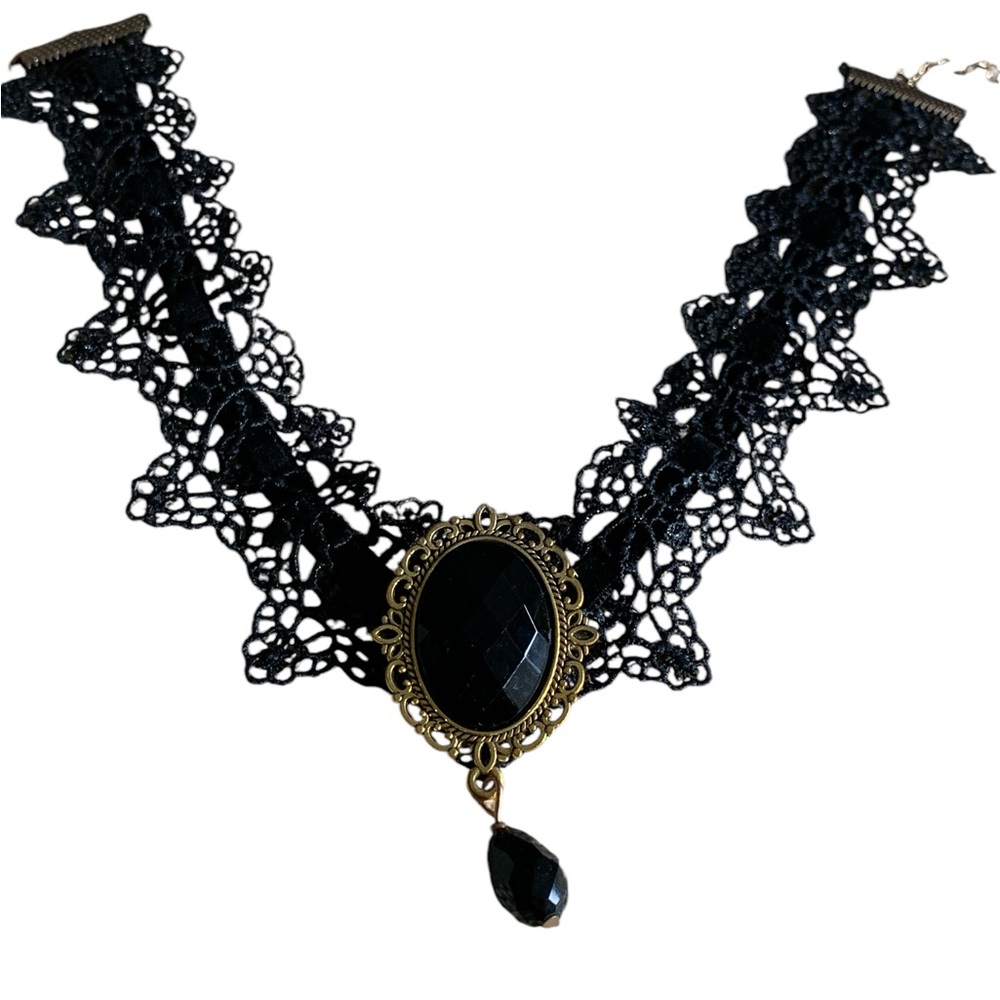 Two black choker necklaces. Gothic, dark academia.